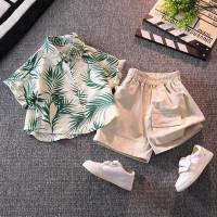 Camisa de manga corta para niños, camisa de flores de playa de verano para niño, traje de pantalones cortos de verano para bebé estilo Hong Kong  Verde
