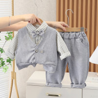 Children's British style striped long-sleeved shirt autumn boys' double-breasted suit vest cardigan children's suit three-piece set  Gray
