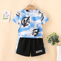 2-piece Toddler Boy Color-block Letter Printed Short Sleeve T-shirt & Matching Shorts  Blue