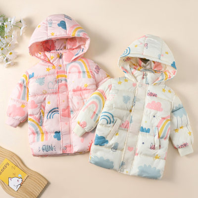 Toddler Girl Cloud and Star Print Style Zippered Long Cotton-padded Jacket