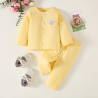 Top de manga larga con patrón de perro de color sólido de algodón puro para bebé de 2 piezas y pantalones a juego  Amarillo