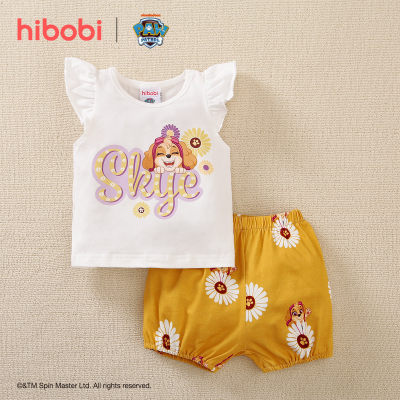 hibobi×PAW Patrol Baby Girl Cartoon Estampado com Babado Conjunto de Camiseta e Calças de Manga Curta