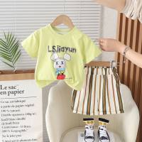 Baby summer boy suit 2024 summer vertical stripes stylish baby suit two-piece children's short-sleeved cartoon trend  Yellow