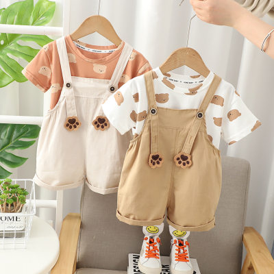 Boys overalls suit 2024 new baby summer short-sleeved fashionable baby summer cartoon two-piece set trendy
