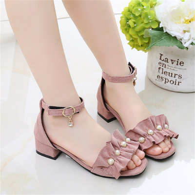Kid Girl Solid Color Ruffled Bead Decor Open Toed Buckled Sandals