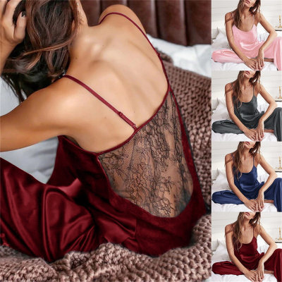 Conjunto de pijama hueco bordado de seda artificial para mujer