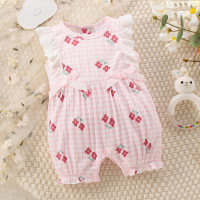 Baby Girl Cherry Printed Mesh Patchwork Bowknot Decor Sleeveless Boxer Romper  Pink
