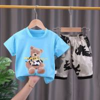 Boys summer suit 2024 new fashionable baby summer clothes children summer cartoon short-sleeved two-piece set trendy  Blue