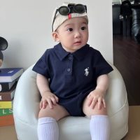Full moon baby clothes summer one-year-old baby boy Korean style short-sleeved polo summer rompers  Navy Blue