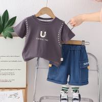Meninos roupas de verão conjunto 2024 novas crianças roupas de verão alfabeto bebê verão manga curta conjunto de duas peças  cinzento