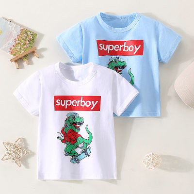 Toddler Boy Pure Cotton Letter and Dinosaur Printed Short Sleeve T-shirt