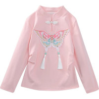 Oberteile im chinesischen Stil für Mädchen, Frühlingskleidung für mittlere und große Kinder, neues langärmeliges T-Shirt im chinesischen Stil mit Knopfleiste und Stehkragen für Mädchen  Rosa