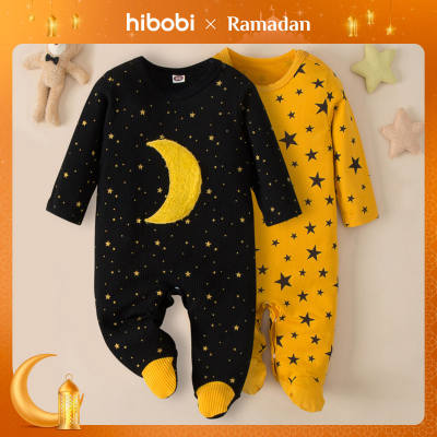 Baby Allover Printing Moon and Star Pattern Footed Long-sleeved Long-leg Romper