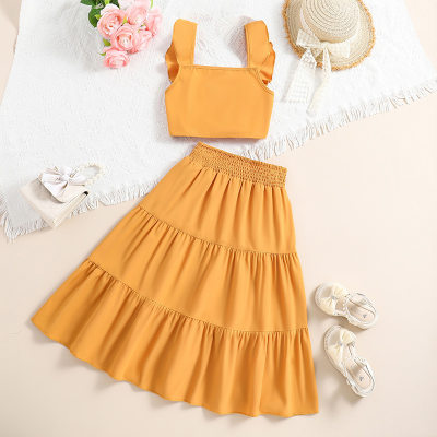 Girls solid color sleeveless suspender skirt fashion trade two-piece suit
