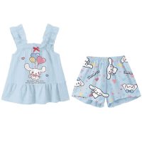 Meninas colete suspensórios arco pijamas menina impressão princesa crianças verão fino sem mangas conjunto de roupas para casa  Azul