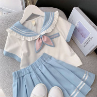 Jupe style collège pour filles, costume JK d'été pour enfants, chemise plissée, nouveau style, ensemble deux pièces, 2024  Bleu