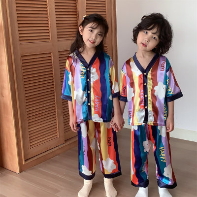 Nuevos pijamas de satén para niños, ropa de hogar de seda helada de satén para niños, ropa de aire acondicionado de manga corta, traje de dos piezas
