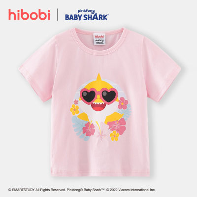 hibobi x Baby Shark Camiseta de algodón con cuello redondo y estampado lindo para niña pequeña