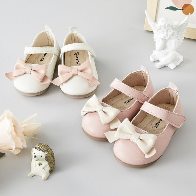 Chaussures à talons bas avec velcro et nœud papillon de couleur unie pour petite fille