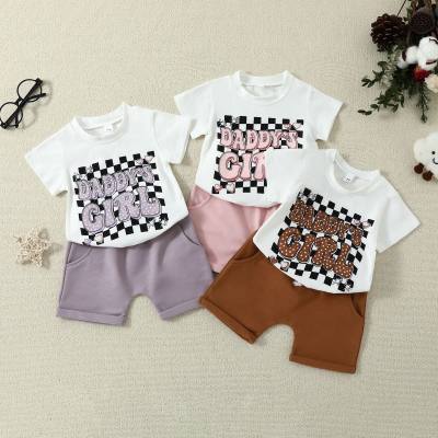 Cross-border new 0-24M infant and toddler plaid letter printed short-sleeved solid color shorts summer two-piece set