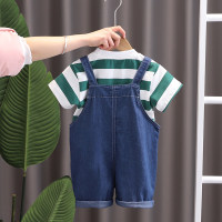 Children's suit two-piece set infant and toddler striped short-sleeved T-shirt children's clothing boys summer denim overalls shorts  Green