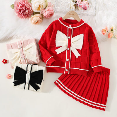 2-piece Toddler Girl Bowknot Decor Button-up Knitted Cardigan & Matching Pleated Skirt