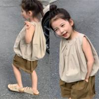 Girls suit sleeveless single-breasted pumpkin coat plus loose shorts 24 summer new foreign trade children's clothing supply source  Khaki
