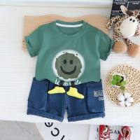 Children's clothing children's suit boy's design T-shirt short-sleeved solid color casual denim shorts summer comfortable two-piece suit trendy  Green