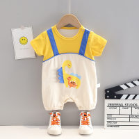 Summer baby jumpsuit cotton cartoon dinosaur half-sleeved crawling suit 0-1 year old baby patchwork short-sleeved jumpsuit  Yellow