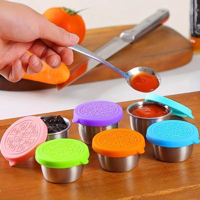Stainless steel 40ml seasoning dish with lid, leak-proof portable dipping cup