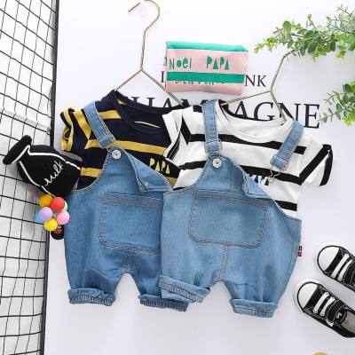 Children's suit boys and girls round neck striped short-sleeved denim overalls summer baby breathable casual two-piece suit