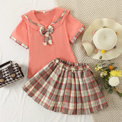Girls Summer Dress Cute Plaid Bow Two Piece Suit Skirt