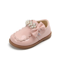 Zapatos de cuero con perlas de moda, zapatos de princesa con lazo de estilo británico, diamantes de imitación para niños  Rosado