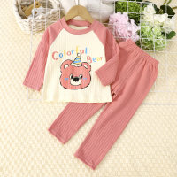 2-piece Toddler Girl Pure Cotton Letter and Bear Printed Long Sleeve Top & Matching Pants  Pink