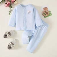 2-piece Baby Pure Cotton Solid Color Dog Pattern Long Sleeve Top & Matching Pants  Light Blue