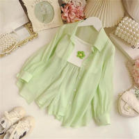 Three-piece girls sun protection suit spring and summer children's girls long-sleeved thin suspenders shirt shorts  Green