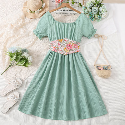 2-piece Kid Girl Solid Color Slash Neck Short Sleeve Dress & Floral Waist Belt