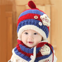 2-piece Toddler Girl Pure Cotton Striped 3D Star Button Decor Wool-lined Knitted Hat & Matching 3D Hand-shaped Decor Scarf  Blue