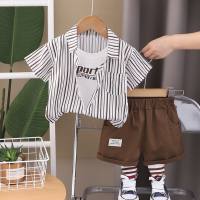 Children's summer children's clothing suits children's stylish cartoon short-sleeved suits plaid shirts fake three-piece short-sleeved suits trendy  Brown