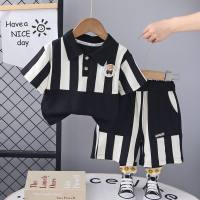 Children's clothing boys summer suit new summer striped children's short-sleeved two-piece suit  Black