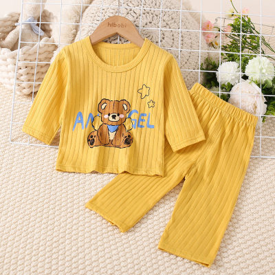 Camiseta de manga larga con estampado de letras y osos de algodón puro para niñas pequeñas de 2 piezas y pantalones de color sólido