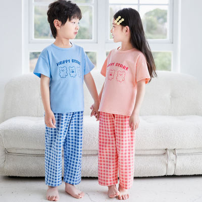 Camiseta de manga curta infantil terno roupas para casa verão fino desenho animado pijama de algodão puro