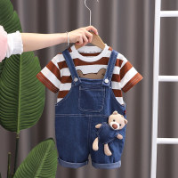 Children's suit two-piece set infant and toddler striped short-sleeved T-shirt children's clothing boys summer denim overalls shorts  Brown