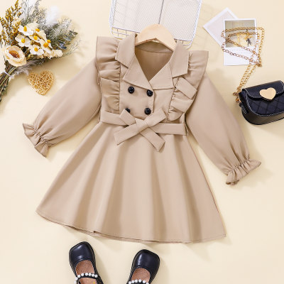 Toddler Solid Color Bowknot Decor Long Sleeve Lapel Dress