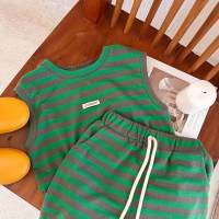 Forest style ~ 2023 summer new children's knitted striped vest set baby sleeveless two-piece set thin Korean version  Green