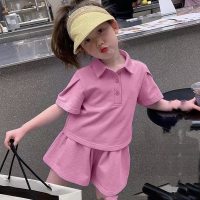 Girls summer suit new children's casual short-sleeved sports baby girl POLO shirt two-piece suit  Pink