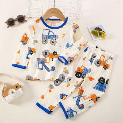 Camiseta de manga larga y pantalones a juego con estampado de vehículos de algodón puro para niños pequeños de 2 piezas