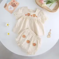 Girls summer short-sleeved new style suit embroidered summer newborn baby romper  Apricot