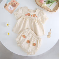 Foshan girls summer short-sleeved new embroidered suit embroidered bag fart summer newborn baby harem triangle crawl suit  Apricot