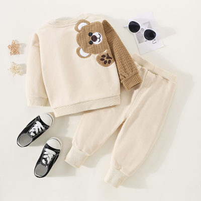 2-piece Toddler Girl Bear Style Ptchwork Sweatshirt & Solid Color Pants